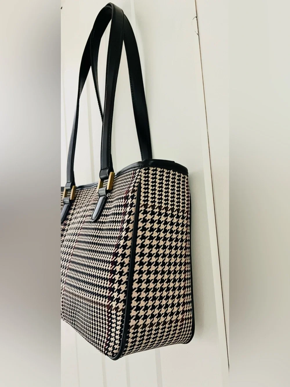 Lauren Ralph Lauren Vintage Houndstooth Tote Bag with Gold Accents